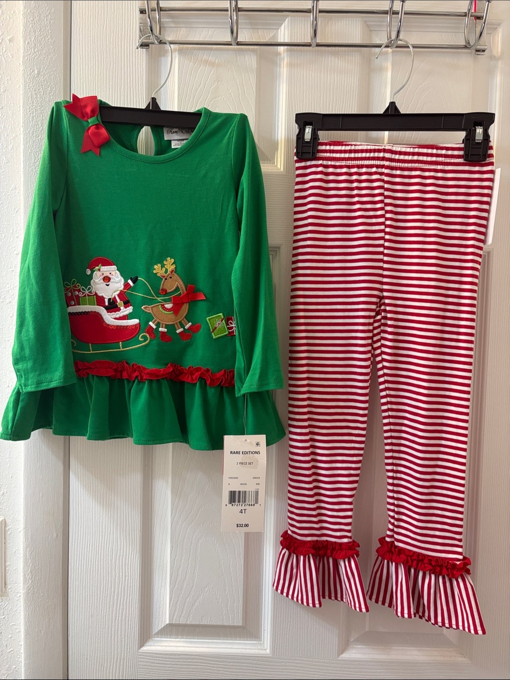 Rare Editions Green Santa And Rudolph Top with Red Striped Pants NWT Size 4T